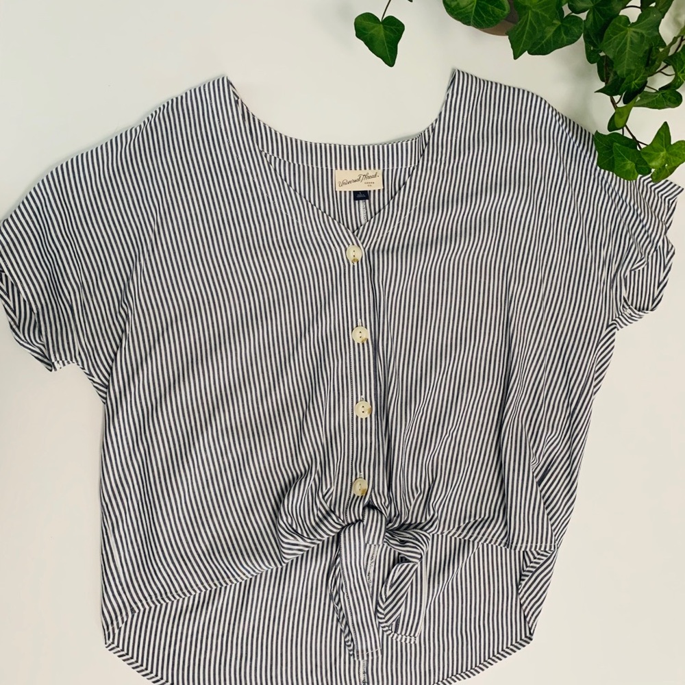 Tie front button down short sleeve striped shirt
